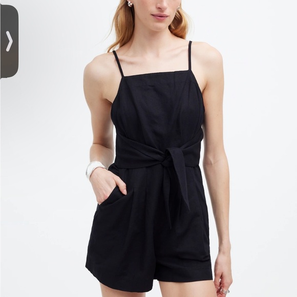 Madewell Tie-Waist Romper Black Pockets Size 2 Linen square neckline NEW NQ635 - Picture 3 of 13